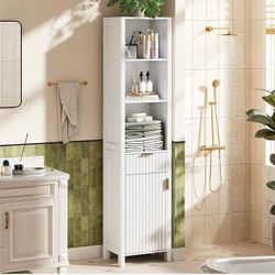 New assembled 68" Tall Narrow Bathroom Storage Cabinet, Slim Freestanding Floor Cabinet with Fluted Door & Drawer, 12 Inch Deep Skinny Wood Organizer 