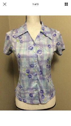 Vtg 90s Purple Blue Plaid Floral Print CLUB KID Flower Button Down Shirt Small