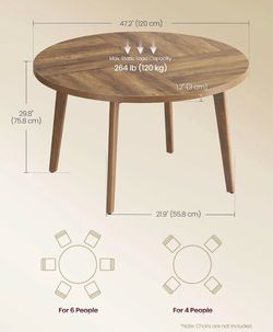 VASAGLE 47.2" Round 4-6ppl Dining Circle Kitchen Table w/ Tapered Legs - Honey Brown
