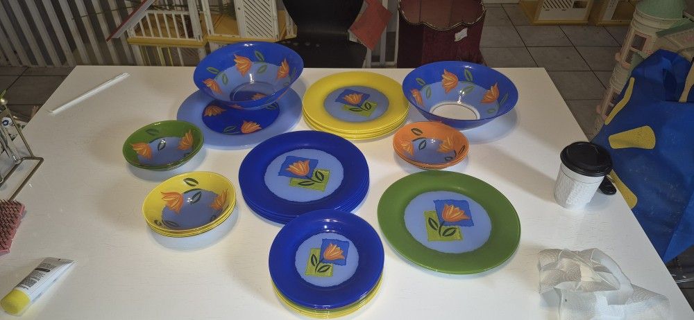 Matys Arcoa Dinnerware. Heavy Glass Plates Etc Painted Undernesth. Vintage. France