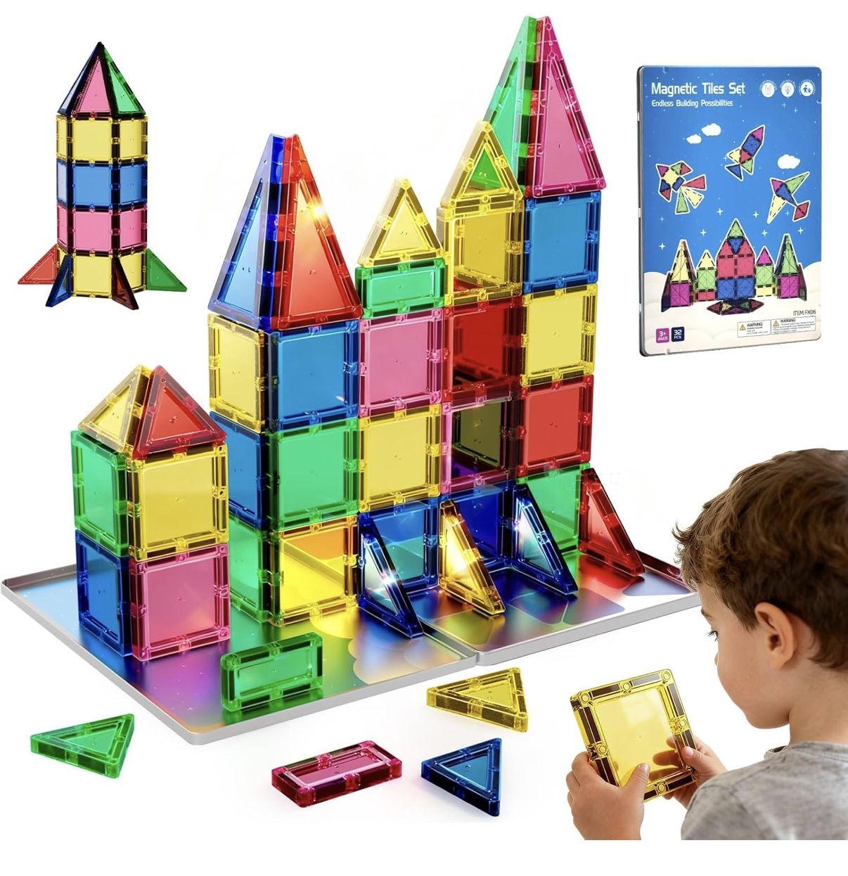Magnetic Tiles for Kids – 32PCS Giant STEM Building Set, 3 Year Old Boy Gift & Girl Gift, Christmas with Iron Storage Box