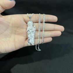 .925 Sterling Silver Mens Womens St Jude San Judas Pendant & Curb Chain