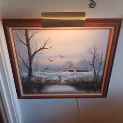 REALLY NEAT LOOKING VINTAGE OIL PAINTING  WITH A  TOP  LITE AND SIGNED 