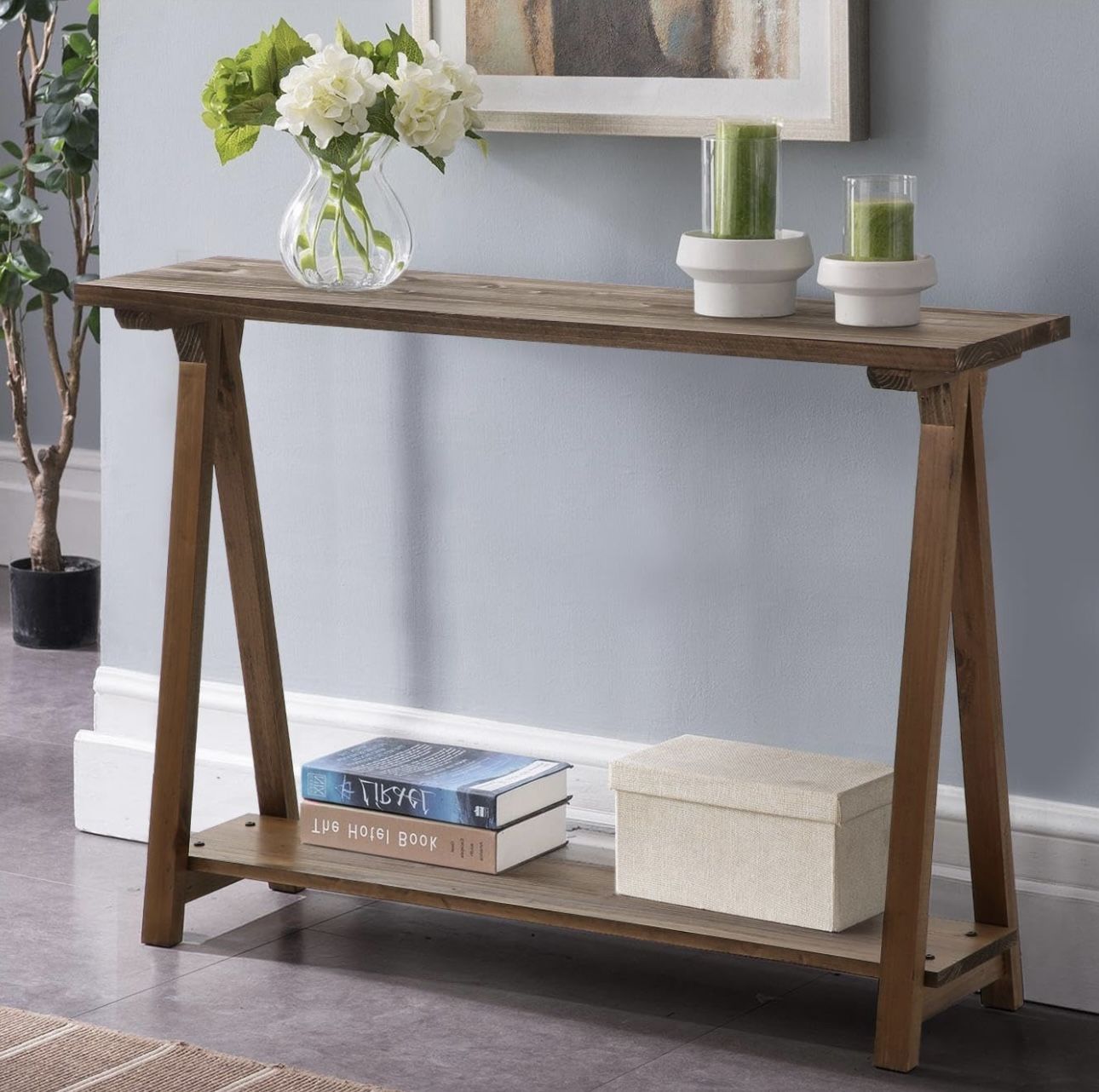 Solid Wood Console Tables - 43.3" Pinewood Farmhouse Rustic Hallway Table, Brown