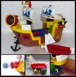 Fisher Price Little People Lil Pirate Ship Music Sounds with RARE Dinghy / Boat
