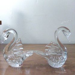 2 Vintage Bullicante Clear Glass Swan Figurines