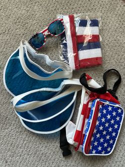 Ultimate 4th of July Party Mega-Bundle – Men's L Jumper, 2 Flags, Visors, Fanny Pack