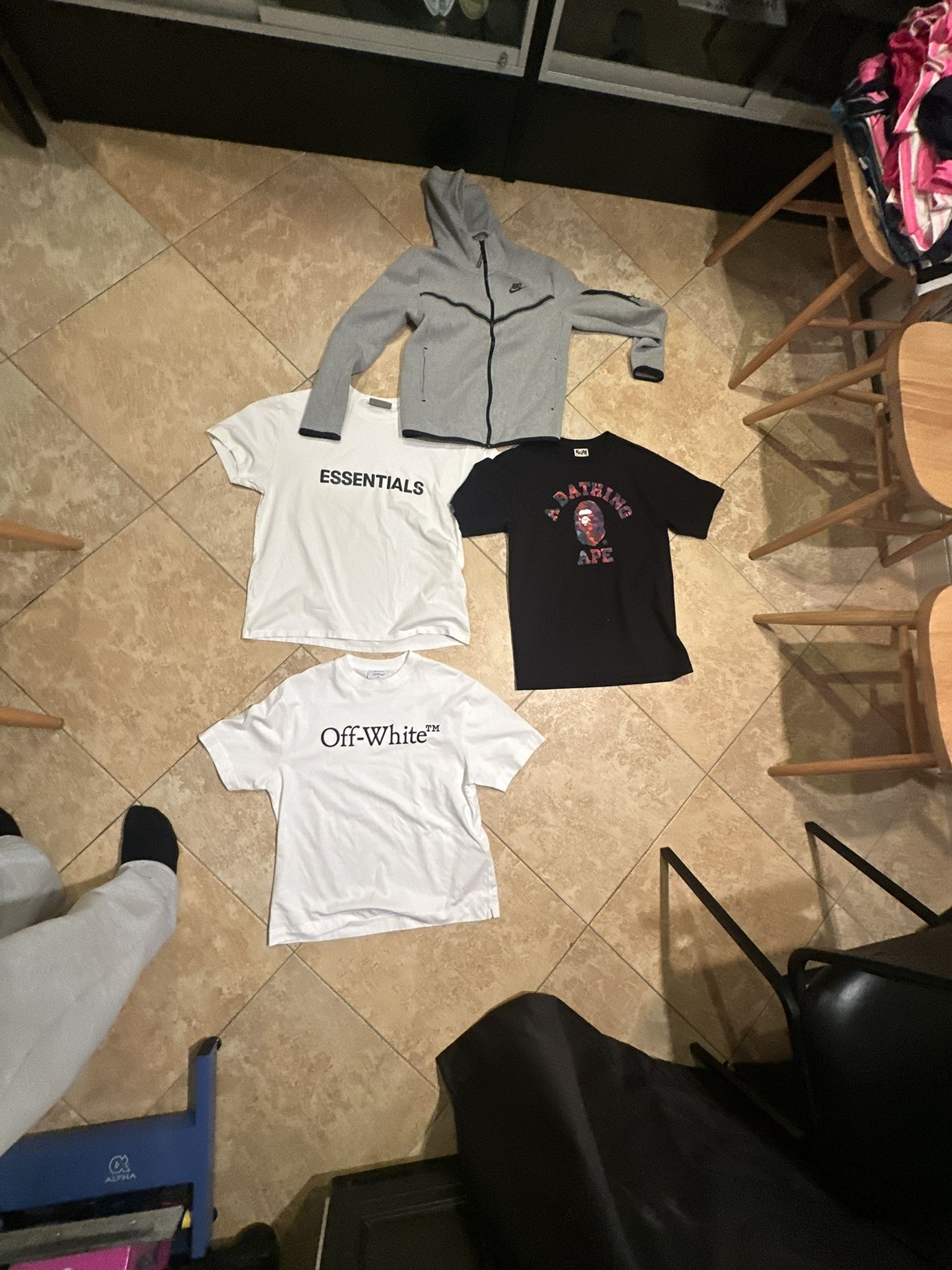 Offwhite, Essential, bape, or nike tech.