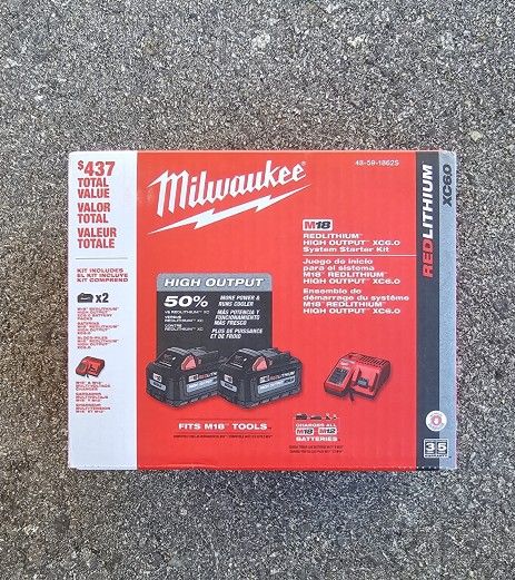 New Milwaukee M18 48-59-1862s XC6.0 Ah 2X HIGH OUTPUT Batteries Charger Starter Kit