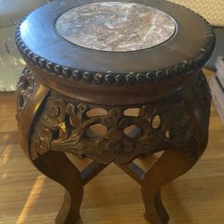 Vintage Wooden Carved Pedestal Table   Great Detail  W/marble  Top