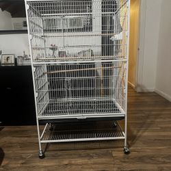 52"H Rolling Metal Bird Cage with 3 Perches & 4 Feeders & Extra Storage Shelf, White