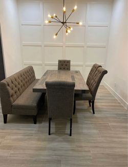 Rustic Wood Dining Table with Chairs and Bench