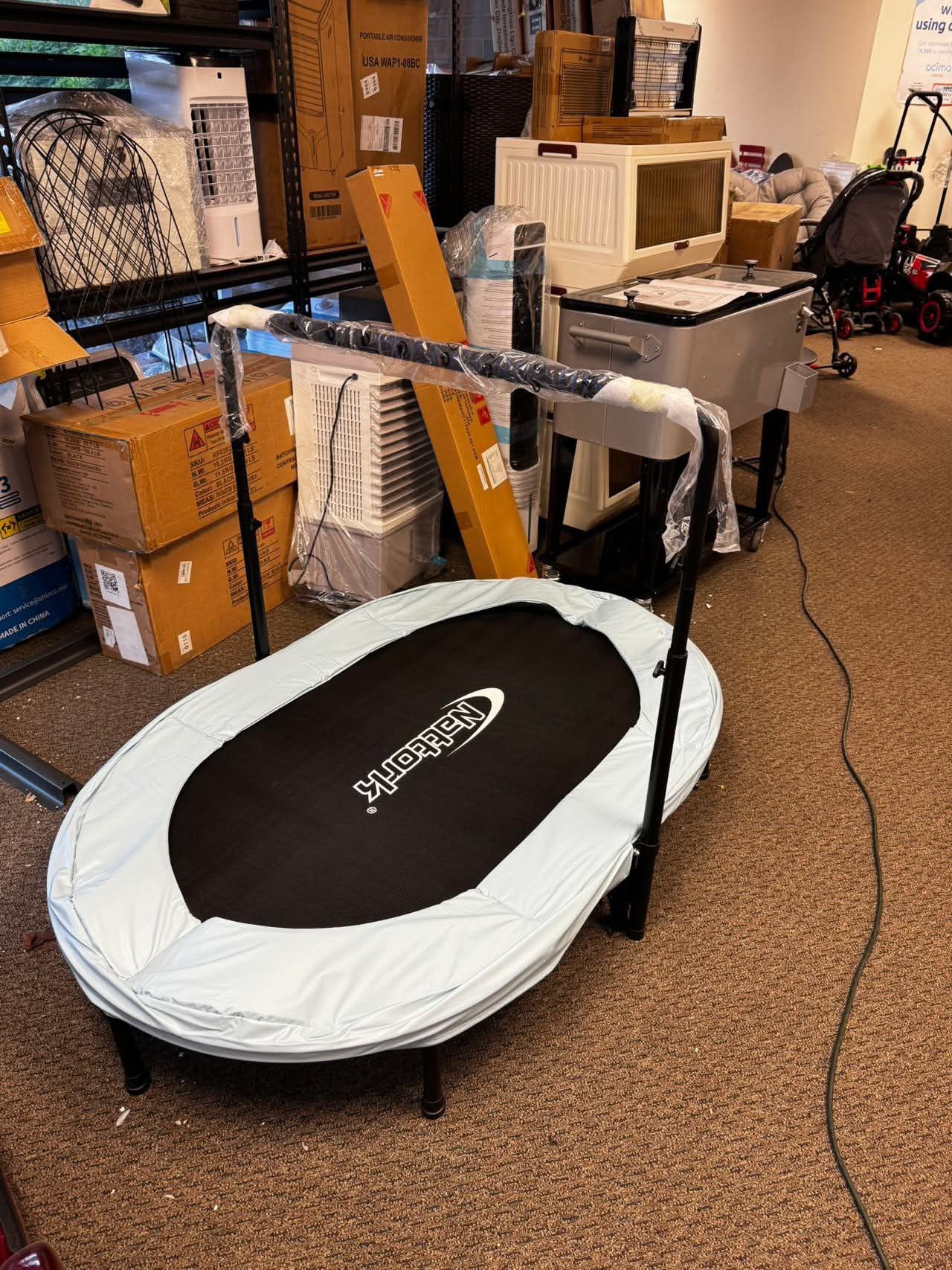 Kids Indoor Trampoline, 56" Double Kids Trampoline with Adjustable Handle, Indoor/Outdoor Foldable Jumper, Max Load 220lbs