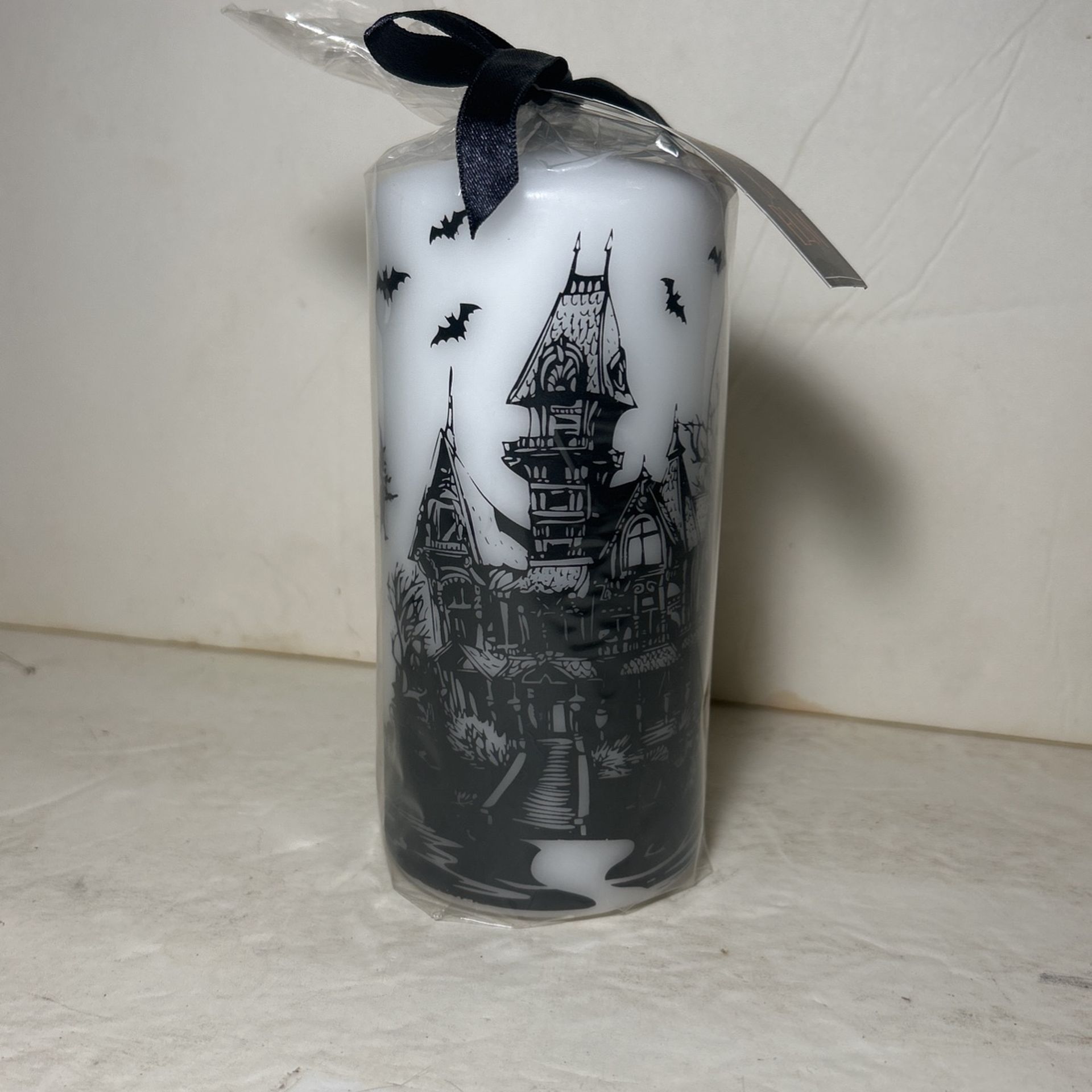 Halloween Haunted House, Witch, Bats, Ravens & Tombstones Real Wax Pillar Candle