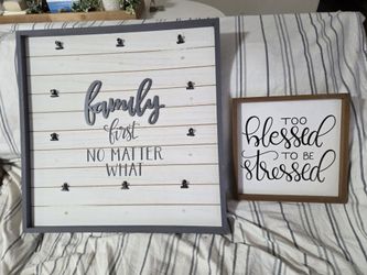 BOTH FOR $8.00-TWO WOODEN FARMHOUSE WALL "FAMILY" PLAQUES- ONE HAS CLIPS TO HANG NOTES/REMINDERS...