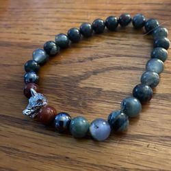 Mens Hand Crafted Bracelet Silver Wolfs Head African Blood And Hemotite 