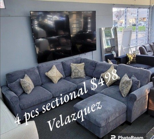 ✅️✅️ 4pc dark Grey corduroy fabric sectional sofa with rounded arms and ottoman ✅️