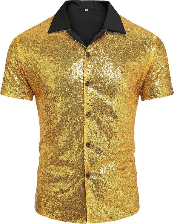 Men's Sequin Dress Shirt 70s Disco Costume Sparkle Party Short Sleeve Button Down Shirts Size Large