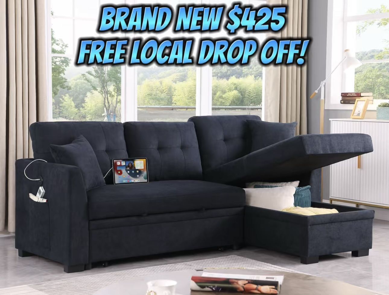 Sofa Bed Couch 🛋️ Brand New In Box 📦 Free Local Drop Off With USB Port ✅ Side Pocket ✅ Reversible L ✅ Storage Underneath ✅ Pull Out Bed ✅