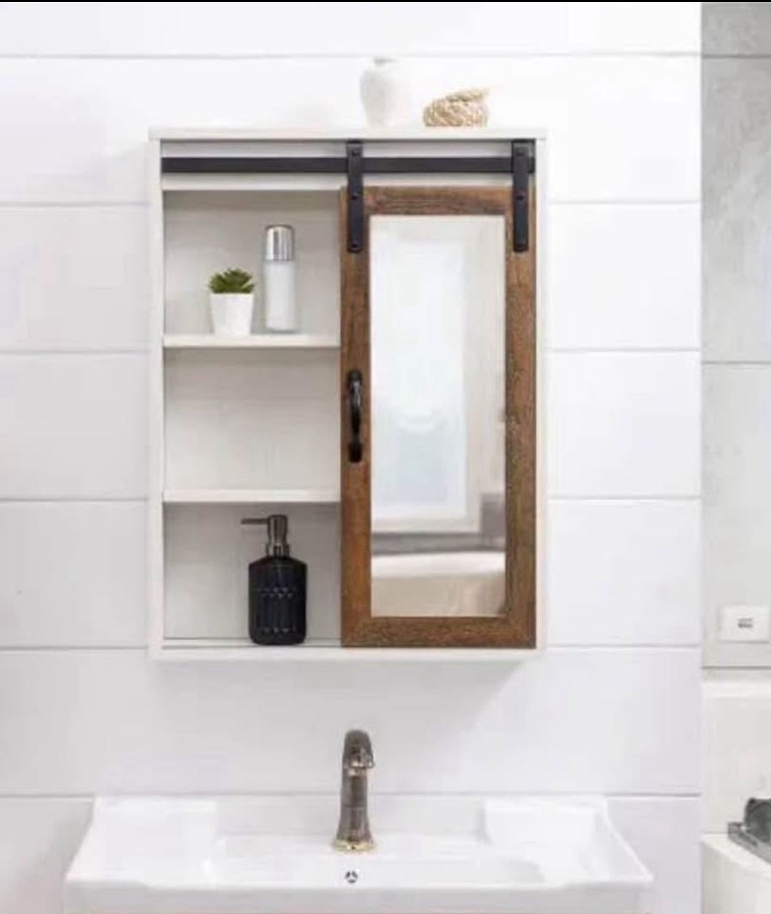 New Sliding Mirrored Barn Door White & Oak Wall Cabinet