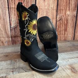 Women Western Cowgirl Square Toe Boot Genuine Leather Botas Vaqueras Para Dama Rodeo Girasol