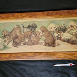 Vintage "Yard Of Puppies" Print + Frame
