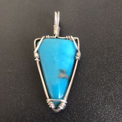 High Grade Kingman Turquoise Sterling Silver Wire Wrapped Arrowhead Pendant Reversible 