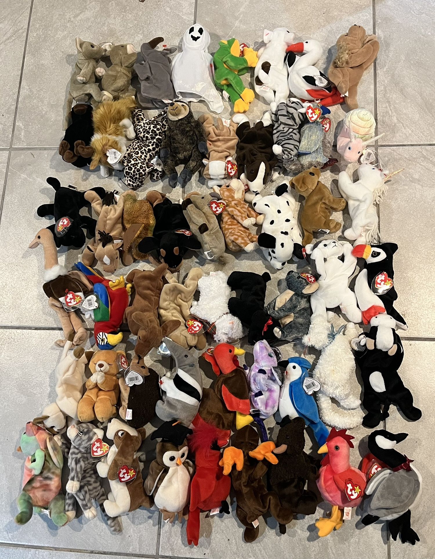 Rare Lot Of 53 TY beanie Babies, All With Tags, Perfect Condition