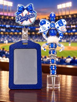 LA Dodgers Badge Reel ID Holder and Beaded Pen Set