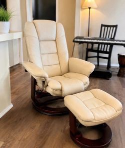 Luxury Leather Swivel Recliner Chair with Ottoman – Good Condition–