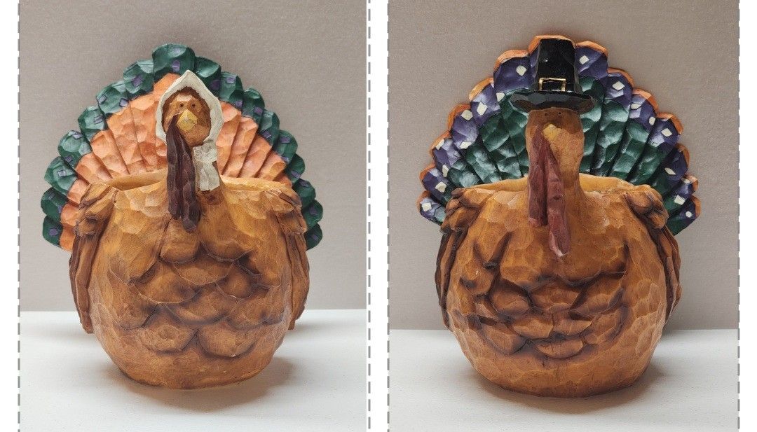 Rare Vintage Composite Pilgrim Turkey Planter Set