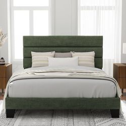 C339 $105 Queen Size Platform Bed Frame with Fabric Upholstered Headboard and Wooden Slats Support, Fully Upholstered Mattress Foundation/No Box Spri
