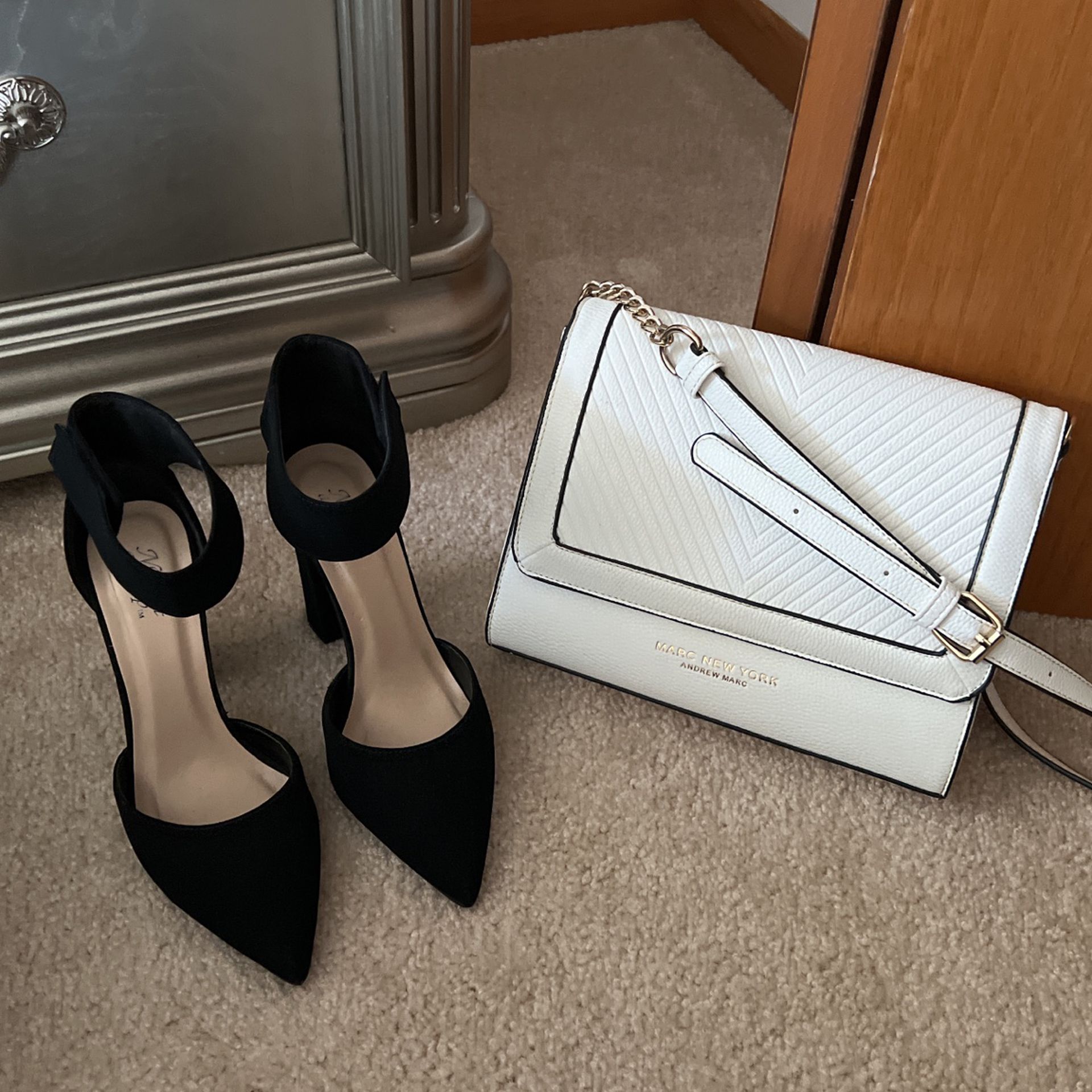 High Heel And White Purse Long Strap