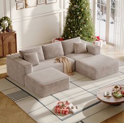 108” U Shaped Boneless Sectional Cloud Sofa Couches for Living Room, Compression Upholstered Deep Seat Sectional Sofa with 2 Ottoman, Comfort Modular 