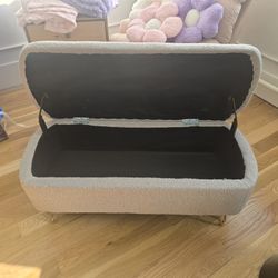 Grey Storage Bench Ottoman – Bouclé Style w/ Gold Legs