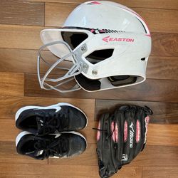 Nike Alpha Huarache Turf Shoes Youth 1 Easton Youth Helmet Mizuno 10 Inch Softball Mit Glove Girls Softball Bundle 