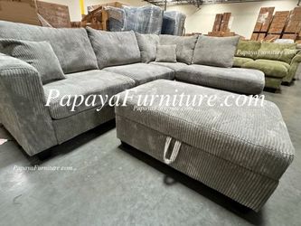 106”L NEW FREE STORAGE OTTOMAN Modern Sectional Sofa and Chaise Set Couch BIG Discount Furniture Warehouse SALE Clearance Deal Light Gray Fabric 