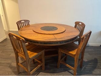 Solid Wood Round Dining Table with Lazy Susan + 4 Chairs
