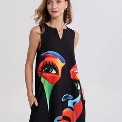 Colorful Abstract Figure Black Notched Neck Sleeveless Spring & Summer Women's Tank Dress