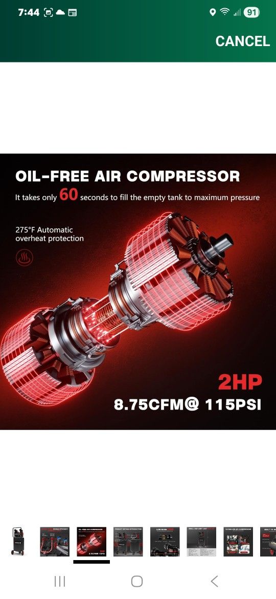 14 Gallon Ultra Quiet Air Compressor with 2 Quick Couplers 2HP 8.75 CFM, Max 115 PSI Pressure Oil-Free Air Compressor Tank, 70dB Quiet Compressor for 