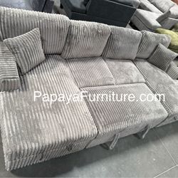 New 120” Sleeper Sofa Double Chaise Lounge Set Sectional Couch With Pull-out Bed Pullout Sleeper Fabric Sectional Sofabed Grey Gray Plush Corduroy BIG