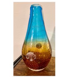 12" Hand Blown Glass Art Vase Blue, Green, and Yellow with Jellyfish