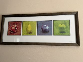 Framed wall art set four-panel still life composition of various fruits pomegranate pear plum apple