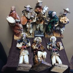 Vintage 1970s Mexican Folk Art Paper Mache Cartonería Village Figures Set of 7 Handcrafted 11"-12" Artisanal Sculptures