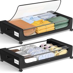 GoMaihe Under Bed Storage with Wheels: XXL Underbed Storage Containers with Clear Lids - Rolling Drawers & Bins for Shoes Clothes in Dorm Bedroom - Sp