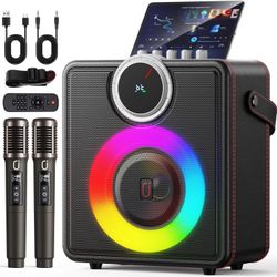 Karaoke Machine for Adults, 200W Retro Leather Portable Bluetooth Speaker with 2 Rechargeable Wireless Microphones, PA System with LED Display & Light