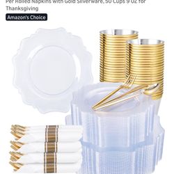 COLOSUS 350pcs Clear Plastic Plates Disposable Gold Cutlery Dinnerware set for party: 