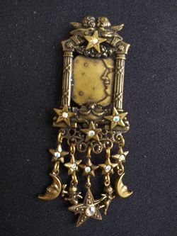 TOP SHELF~ BRONZE & CRYSTAL ~ MOON& STARS& ANGEL PIN