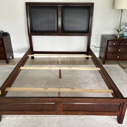 Queen Size Wood Bed Frame With Leather Headboard