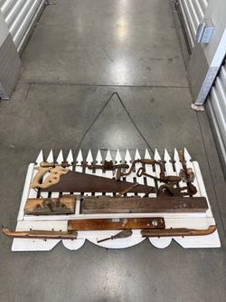 Vintage Carpenter Hand Tool Collection on Picket Fence Wall Art